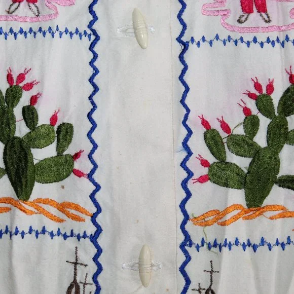 Vintage Handmade Mexican Embroidered Button Up Tunic Shirt Unisex S/M
